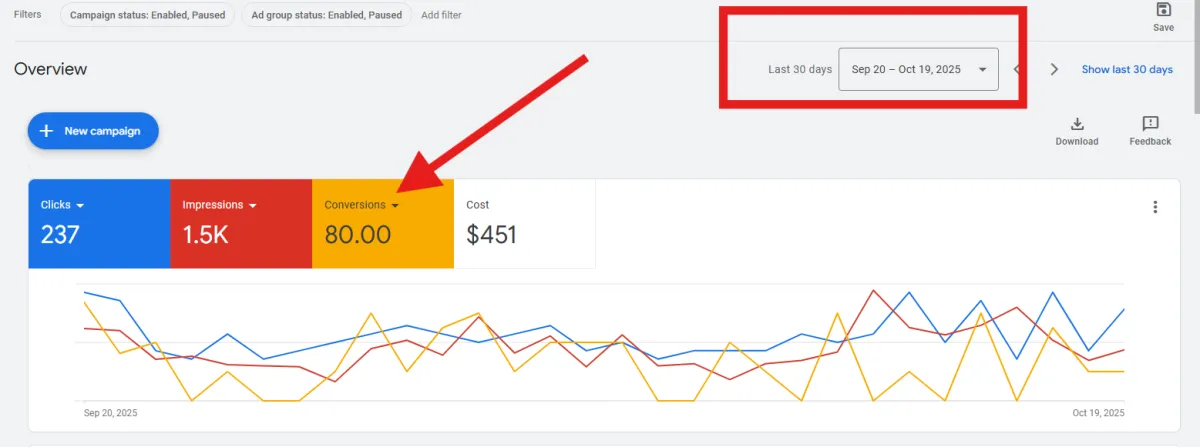 Google Ads dashboard showing 237 clicks, 1.5K impressions, 80 conversions, and $451 cost over the last 30 days